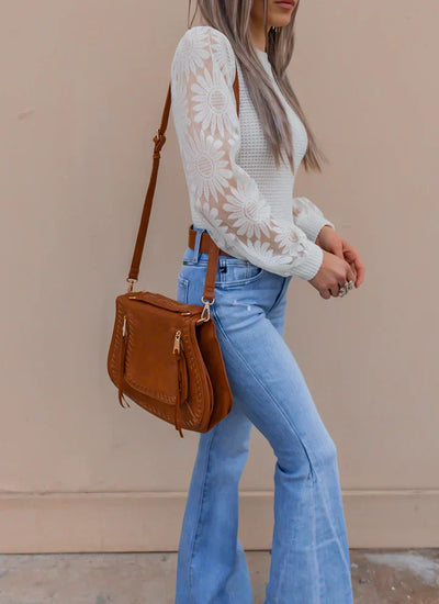 Spitzen-Top mit Strickmuster | Florale Ärmel | Elegante Leichtigkeit