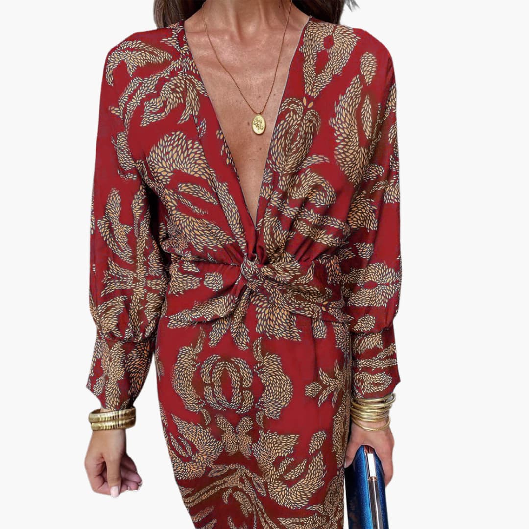 Midikleid für Damen - Blumenmuster, Langarm & V-Ausschnitt