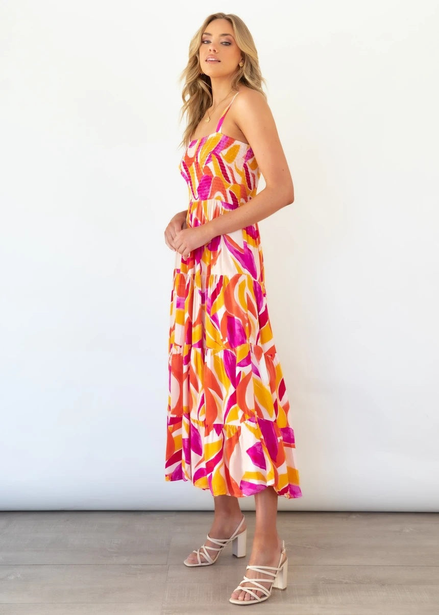 Sommerkleid mit breiten Trägern | Smock-Oberteil | Farbenfrohes Musterdesign