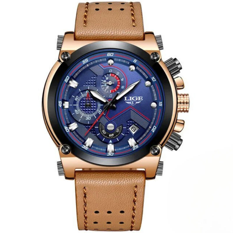 klassische Sportuhr mit braunem Lederarmband