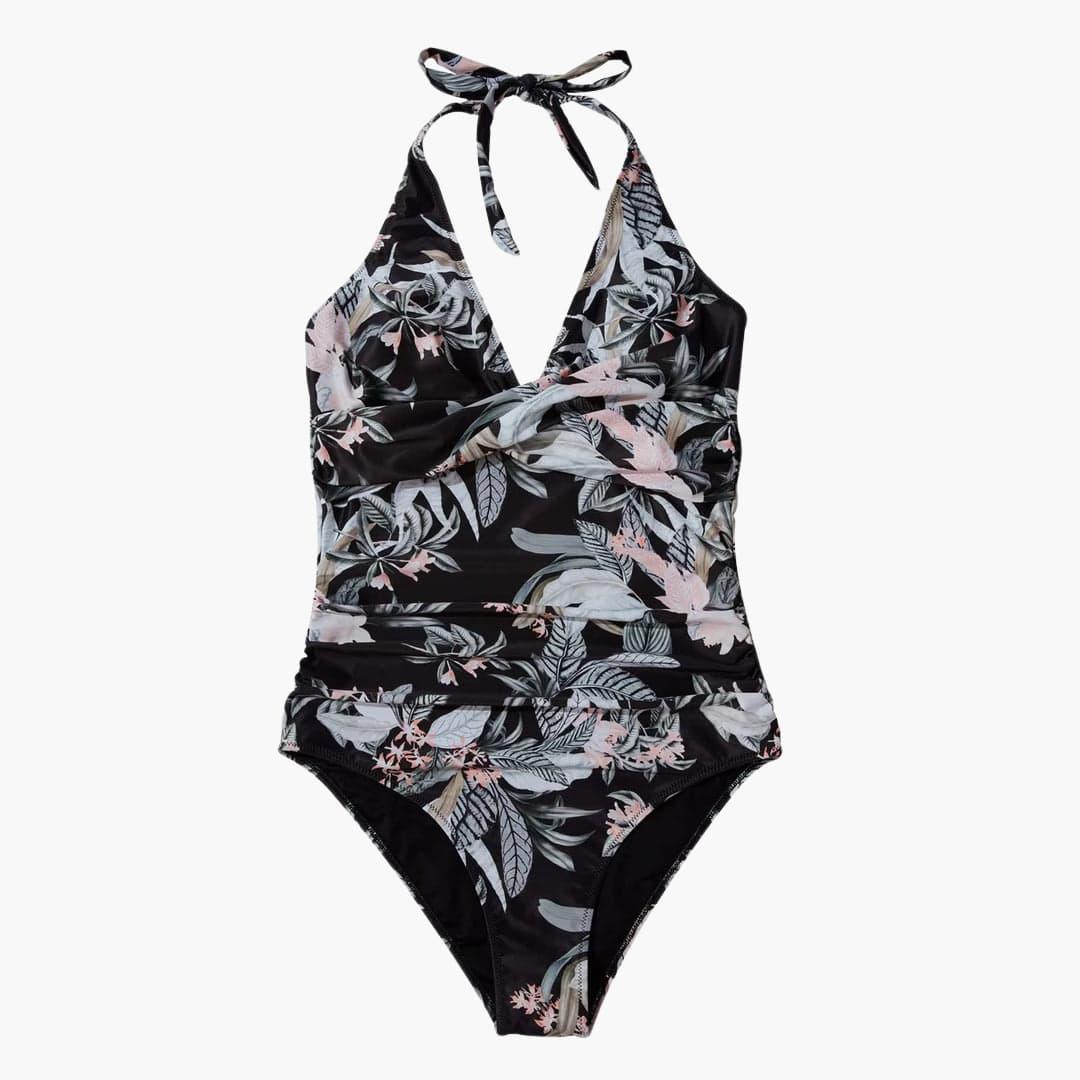 Damen Einteiler Badeanzug mit Raffung – Halter Neck