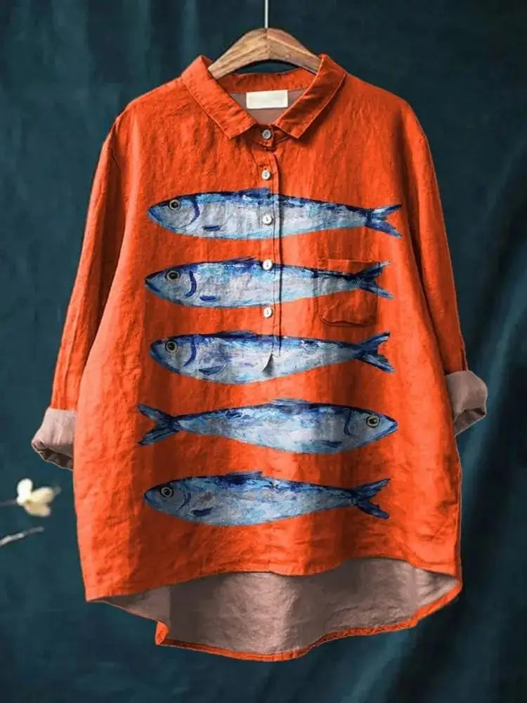 Sophia - Vintage Fisch Sardinen Kunstdruck Baumwolle Leinen Hemd
