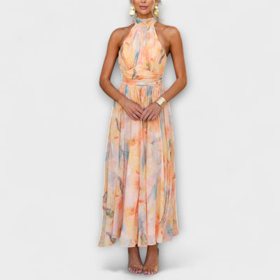 Halter-Neck Aquarell Print Maxi Kleid