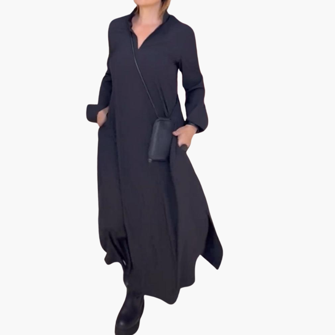 Emilia | Lockeres langes Kleid mit Revers und seitlichem Schlitz