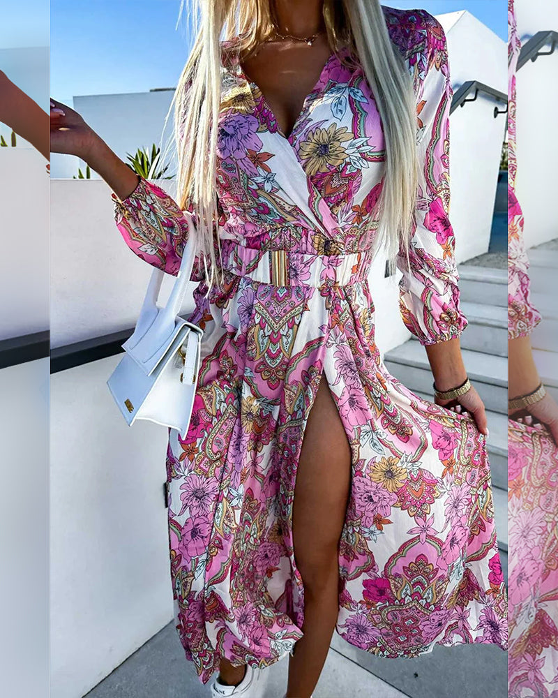 Maxikleid mit Wickeloptik | Lange Ärmel | Eleganter Print