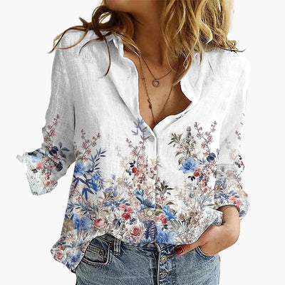 Kunstvoll bedruckte V-Ausschnitt Bluse - Damen Freizeitlook