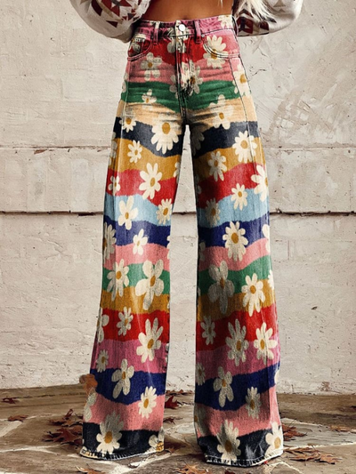 Weit geschnittene Jeans | High Waist | Wellenprint mit Gänseblümchen