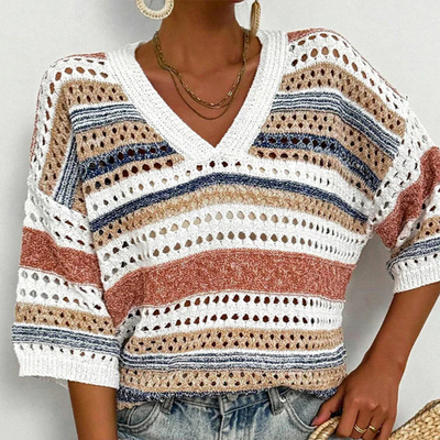 Strickshirt mit V-Ausschnitt | Häkelmuster | Lässige Streifenoptik