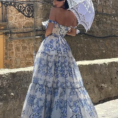 Pelina - Atemberaubendes Trägerloses Blaues Blumenkleid