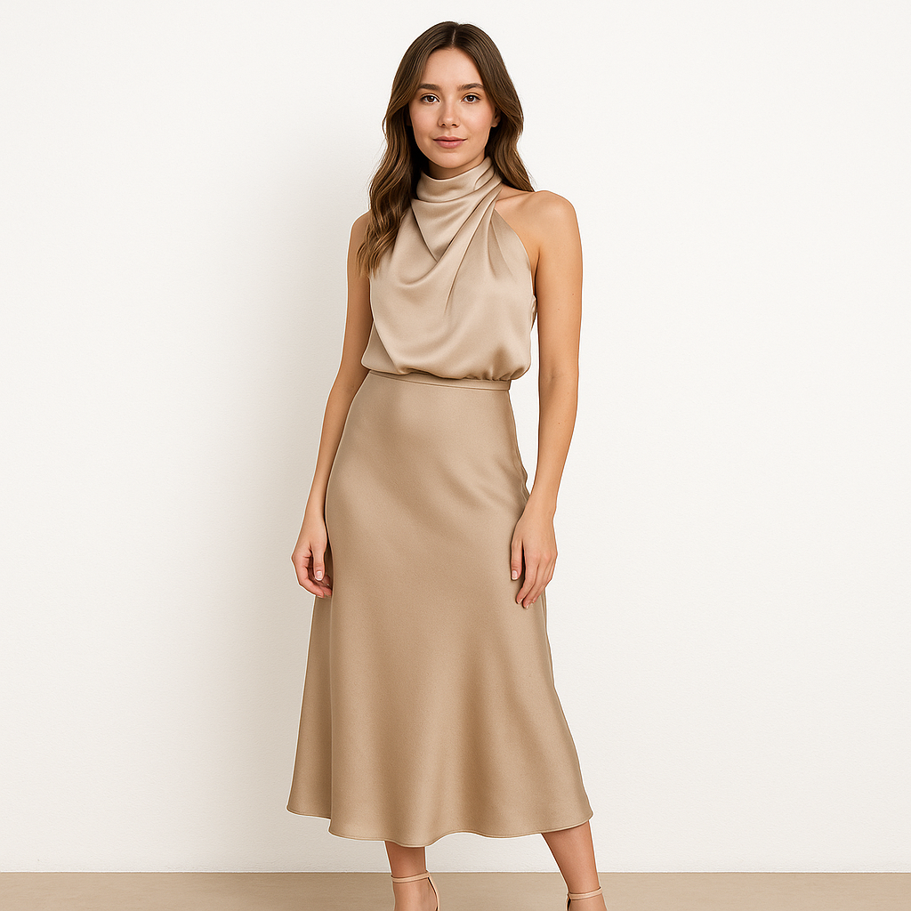 Midikleid mit Wasserfallausschnitt | Ärmellos | Fließende Eleganz