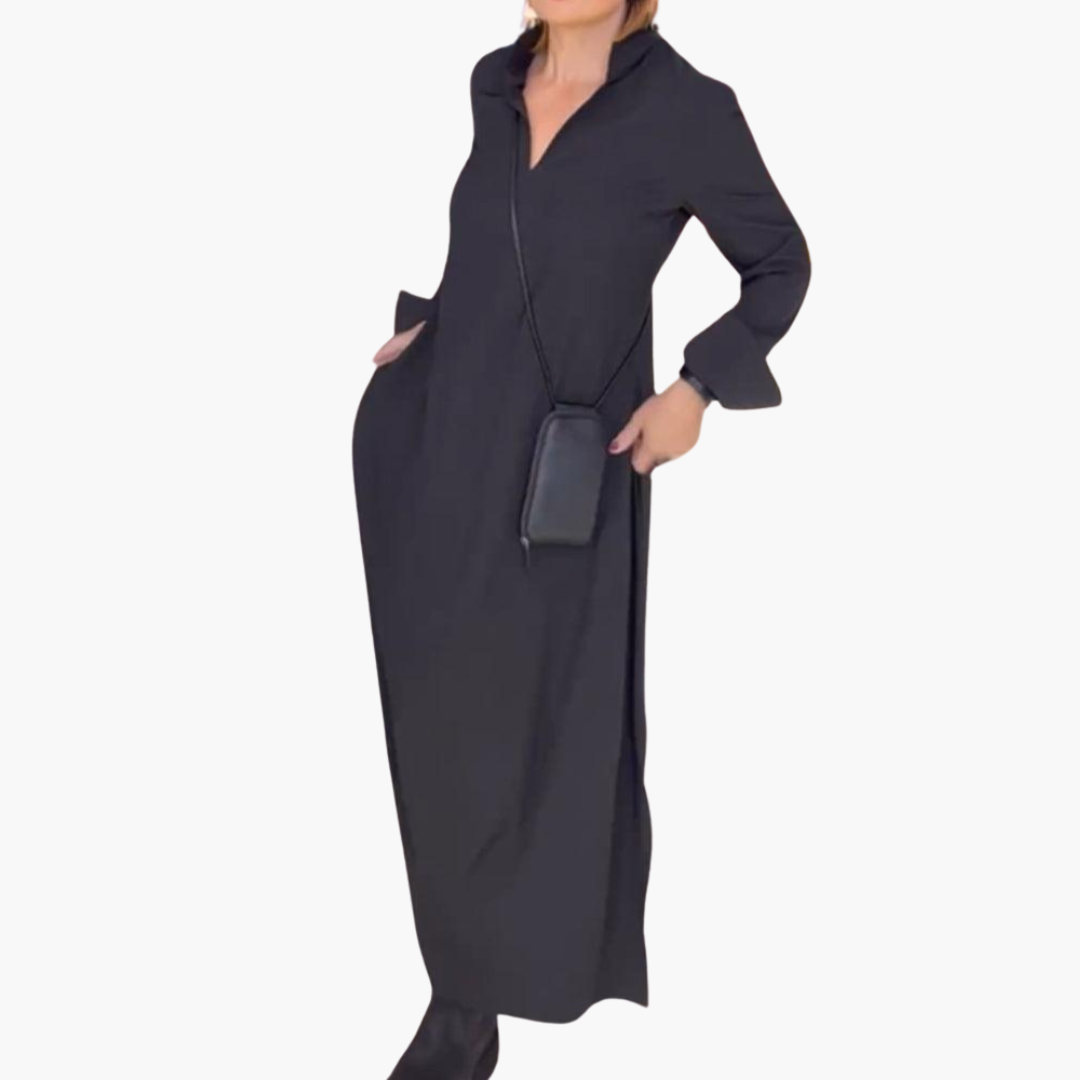 Emilia | Lockeres langes Kleid mit Revers und seitlichem Schlitz