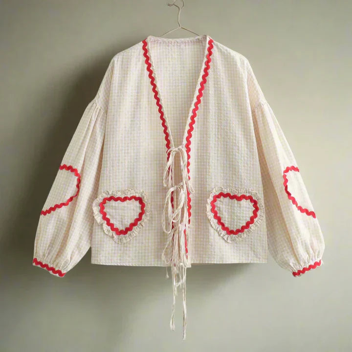Gingham-Bluse mit Herz-Details | Weite Ärmel | Verspielter Charme