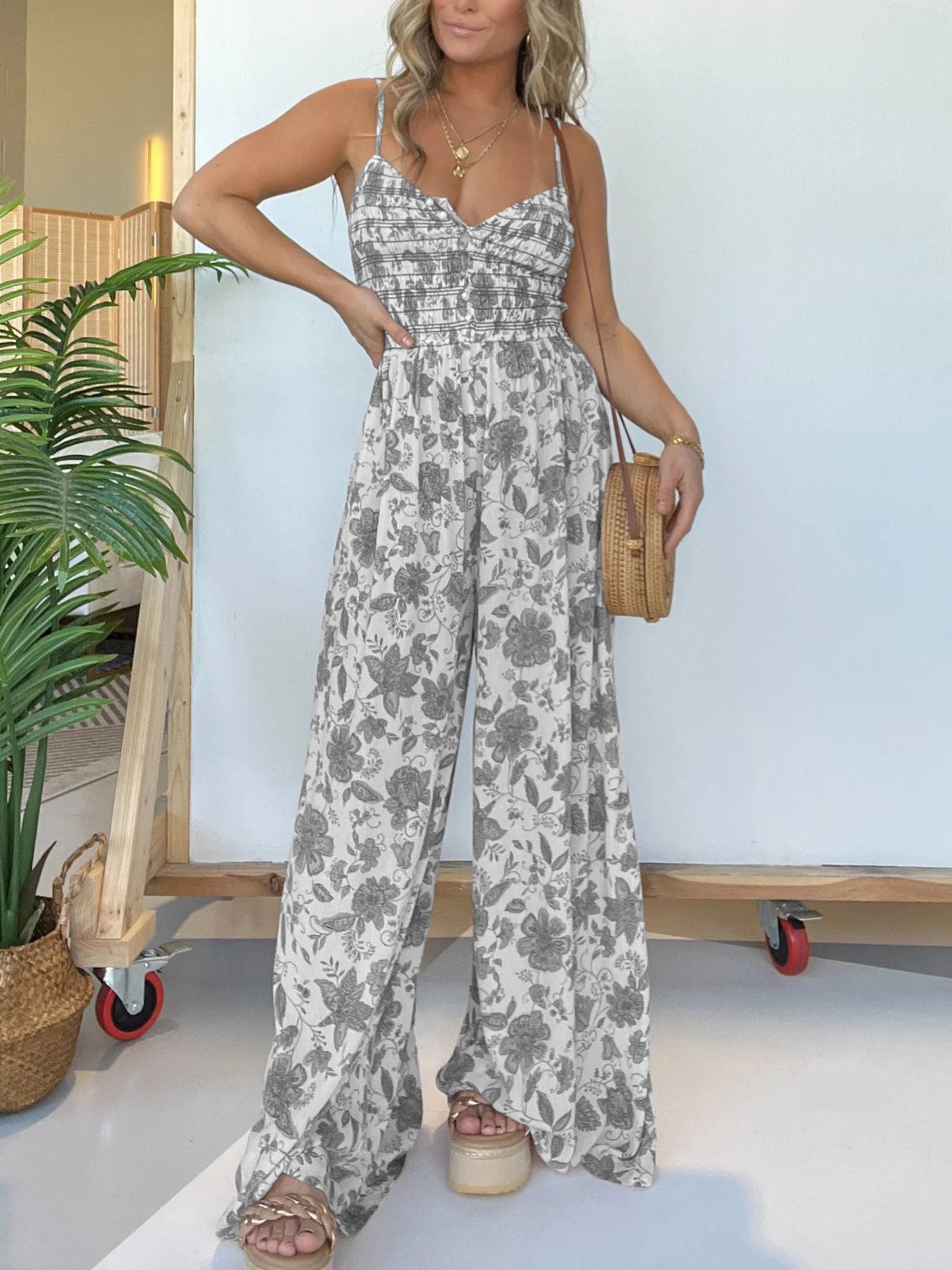 Jumpsuit mit Spaghettiträgern | Smock-Oberteil | Florales Design