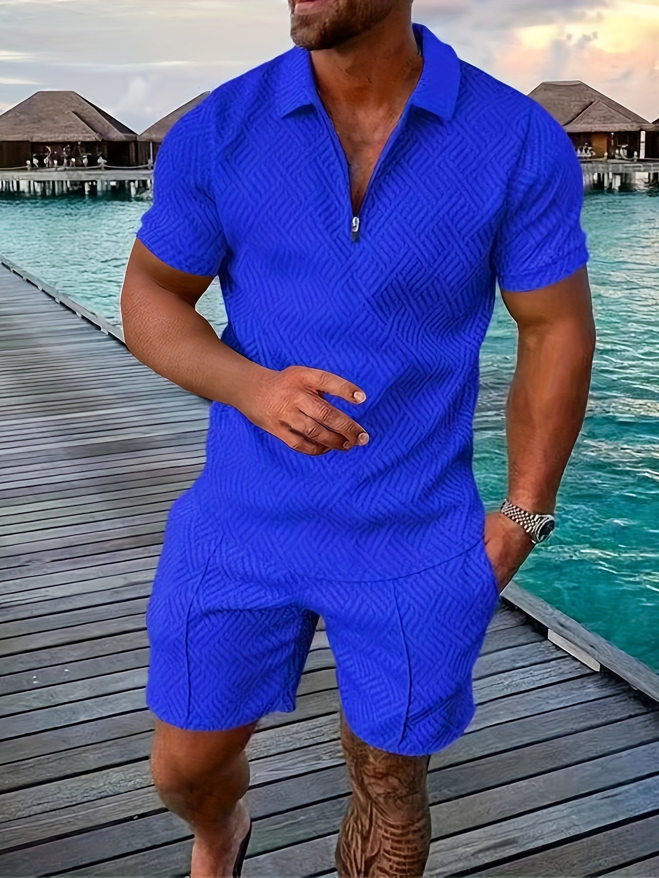Everard™ – Herren Sommer-Set mit Zip-Polo & Shorts im Geo-Design