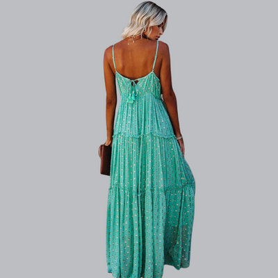 Ursaline™ | Grüne Maxi Kleid Mit V-Ausschnitt Und Sommerlichem Ibiza-Muster