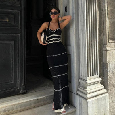 Strick-Maxikleid mit Häkelmuster | Eleganz & Boho-Chic | Figurbetonte Passform