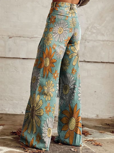 Weit geschnittene Jeans | High Waist | Blumenprint im Retro-Look