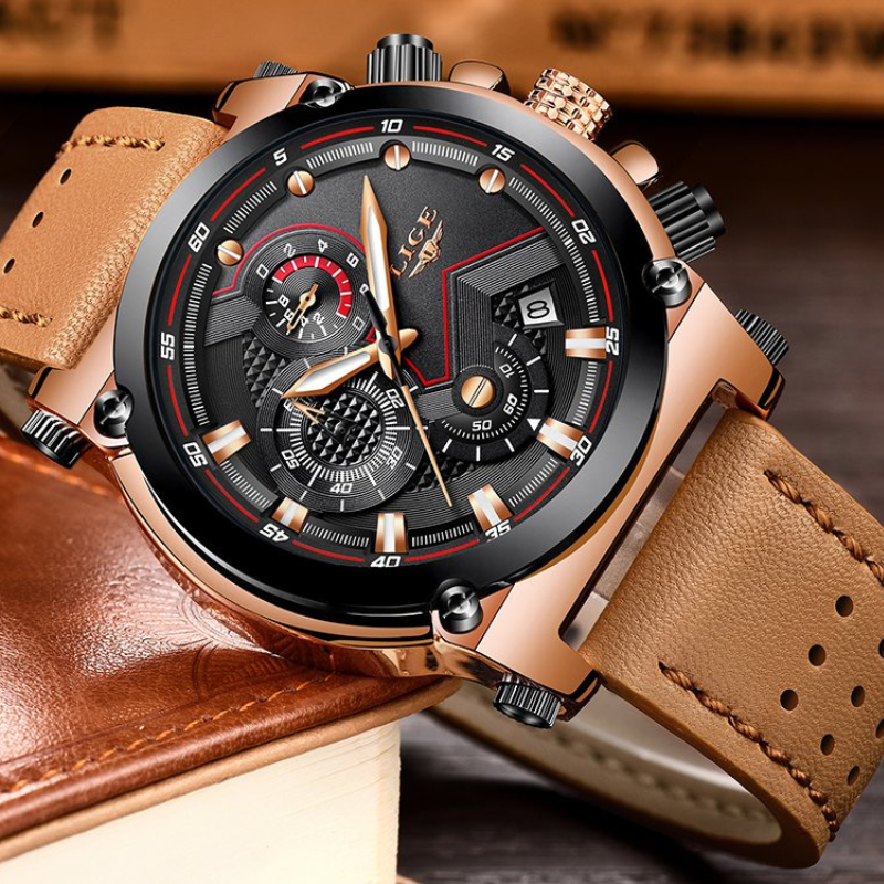 klassische Sportuhr mit braunem Lederarmband