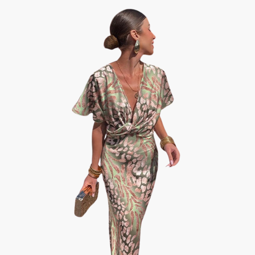 Damen knöchellanges Kleid mit V-Ausschnitt und geknotetem Front-Detail