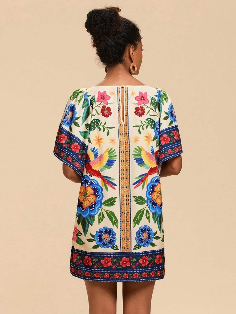 Lyra | Bedrucktes Kurzes Kleid mit Rundhalsausschnitt