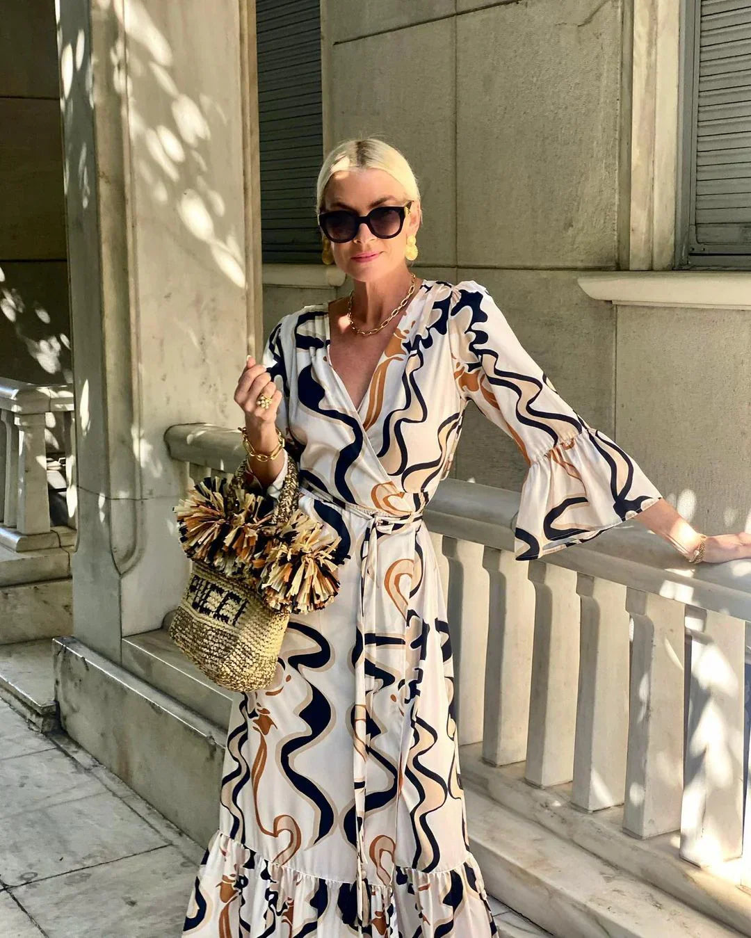 Purple – Gefragtes, langärmliges Maxikleid mit V-Ausschnitt