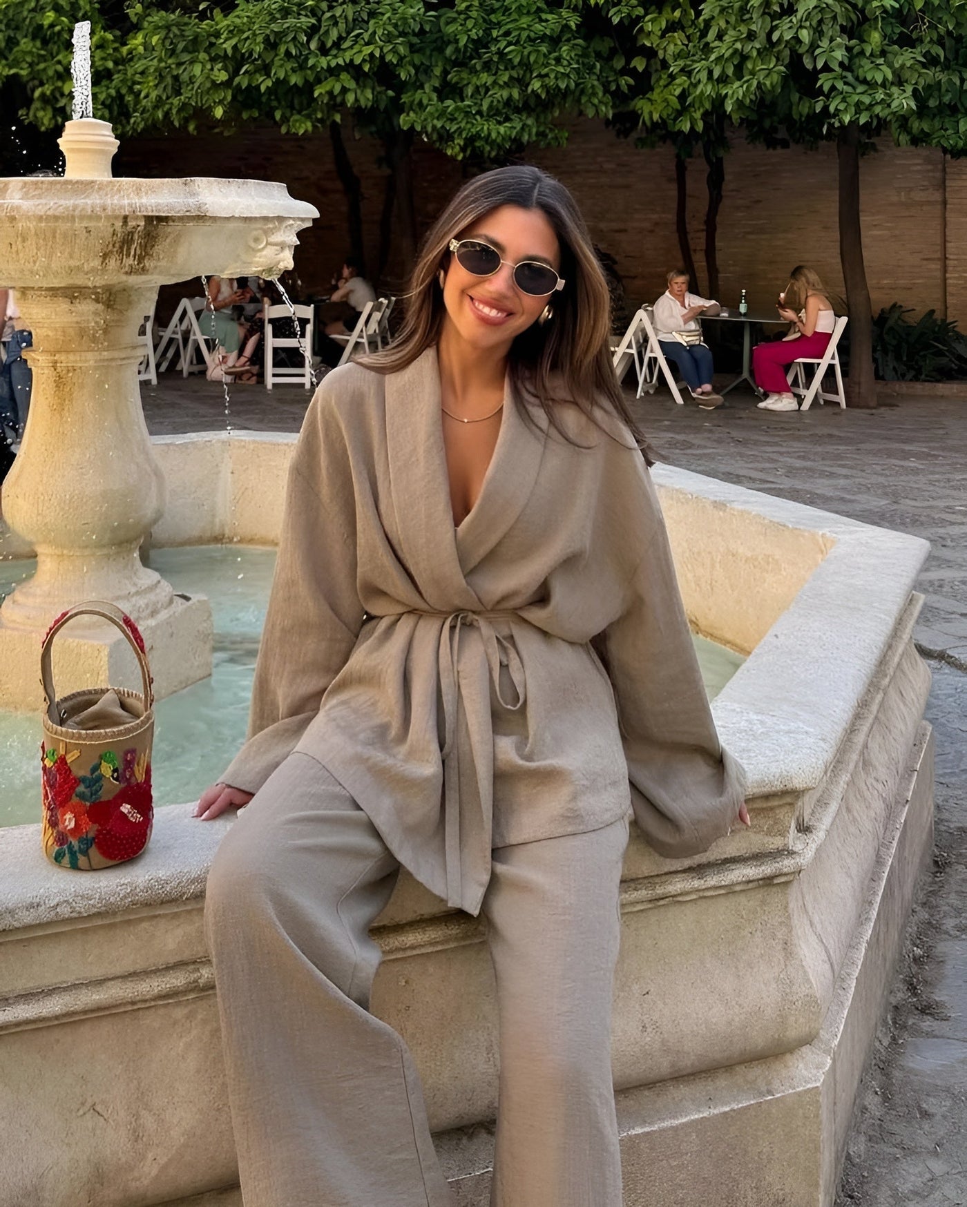 Leinen-Set mit Bindegürtel | Weite Hose | Fließende Silhouette