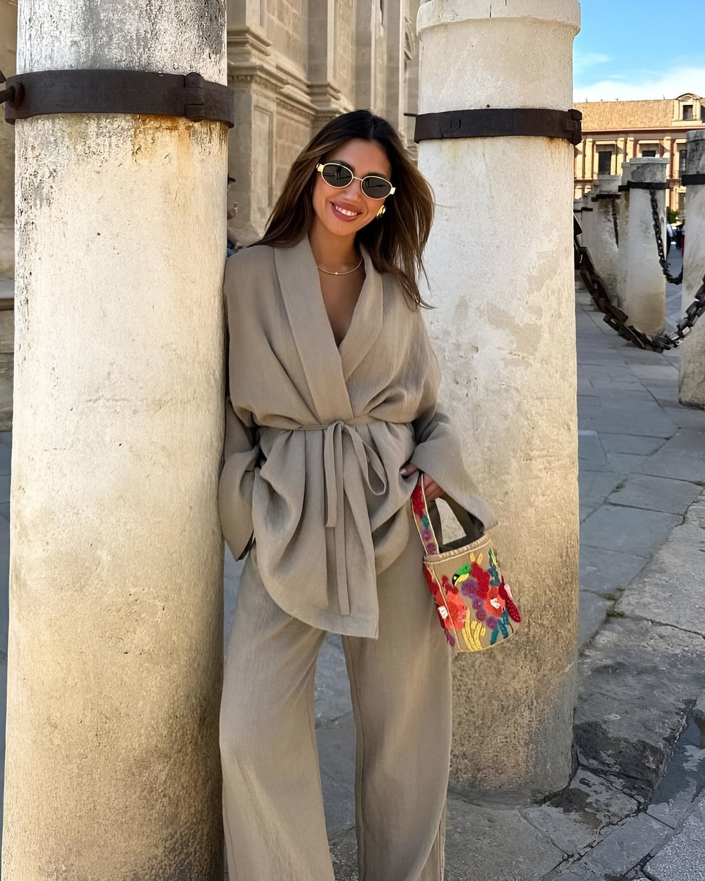 Leinen-Set mit Bindegürtel | Weite Hose | Fließende Silhouette