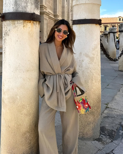 Leinen-Set mit Bindegürtel | Weite Hose | Fließende Silhouette