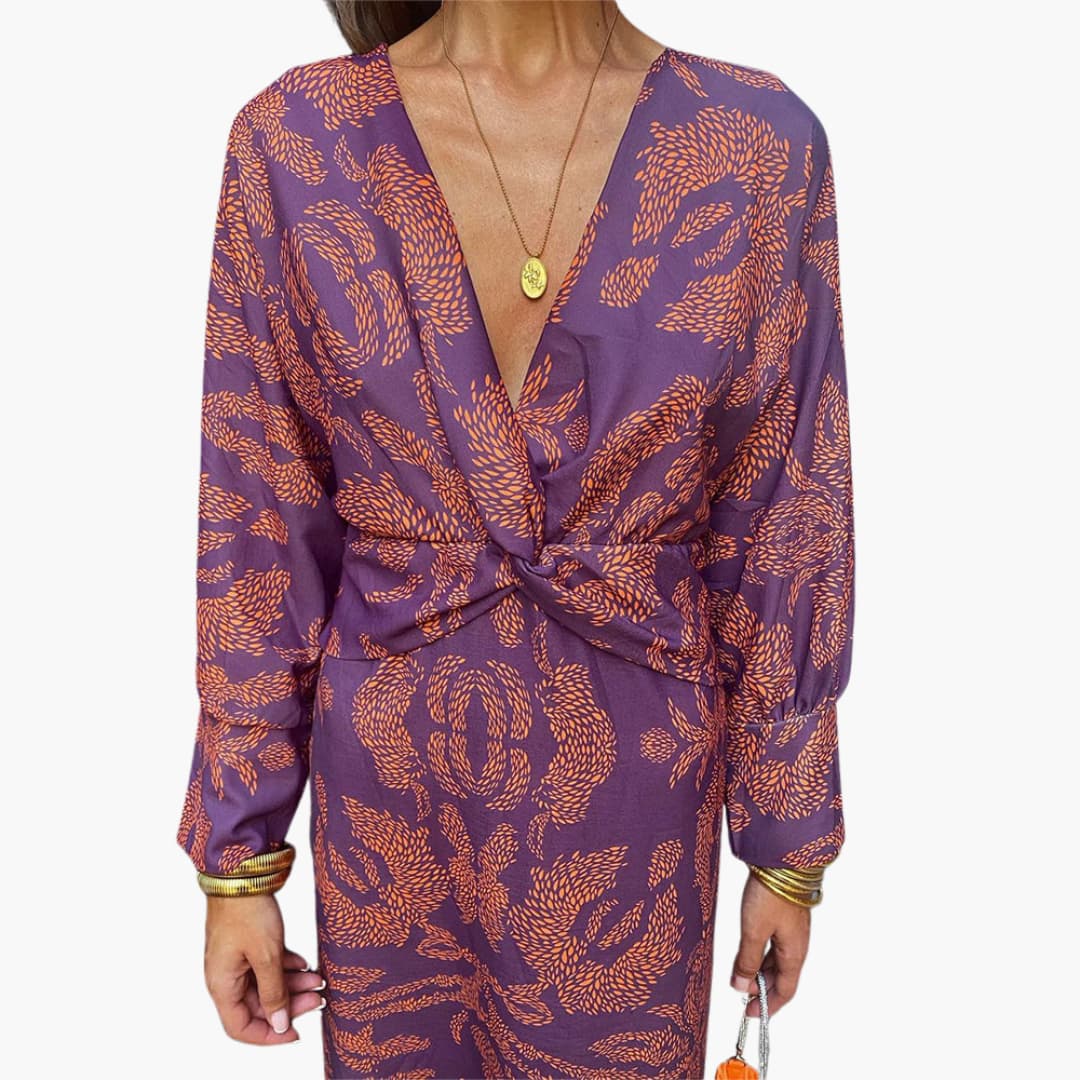 Midikleid für Damen - Blumenmuster, Langarm & V-Ausschnitt