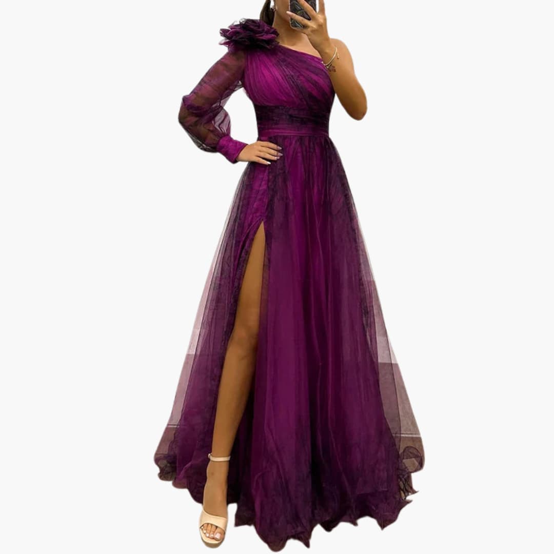 One-Shoulder Maxikleid mit Mesh-Print - Damen Abendmode