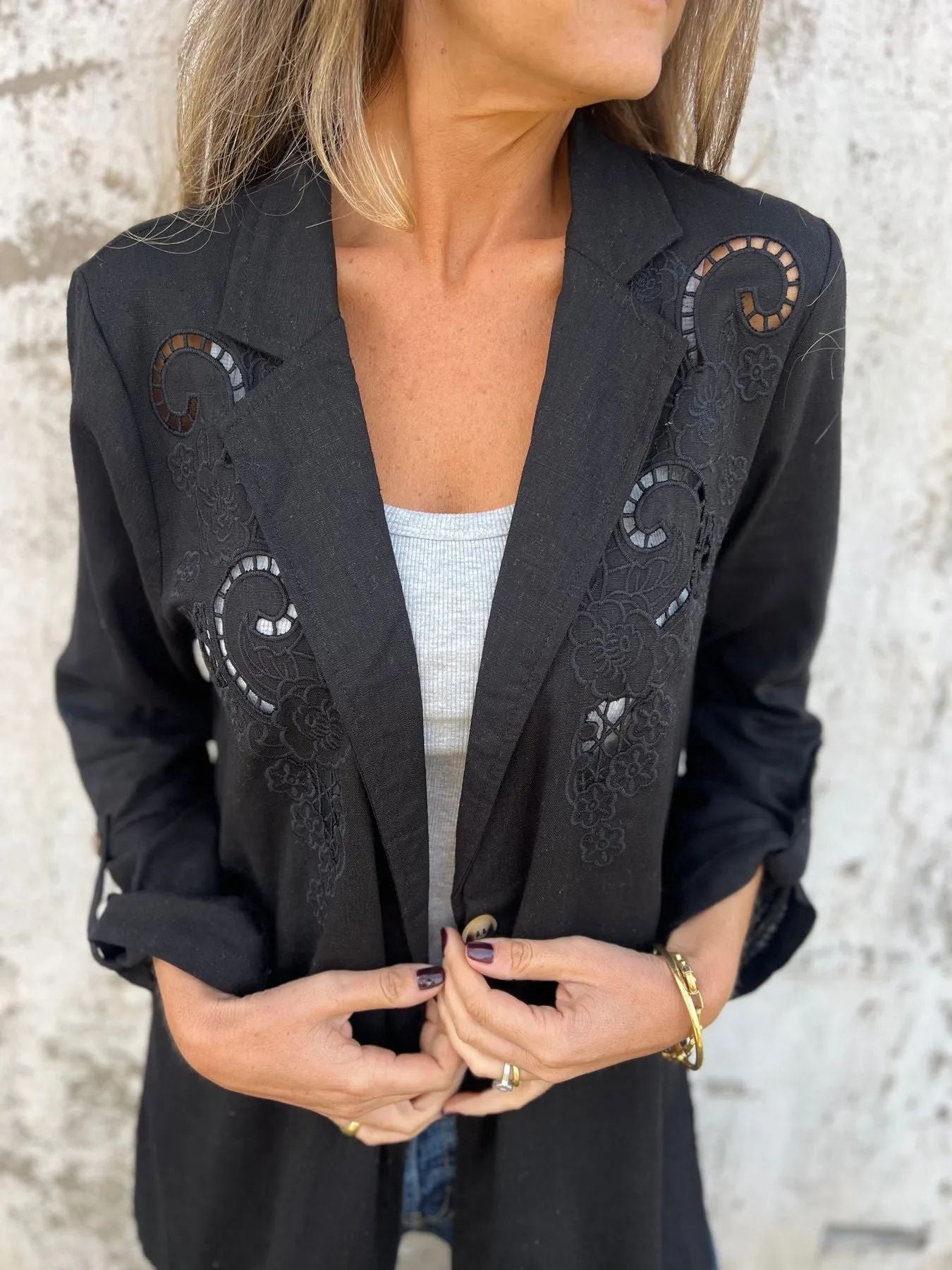 Blazer mit Cut-Out-Stickerei | Ein-Knopf-Verschluss | Lässig-Eleganter Stil