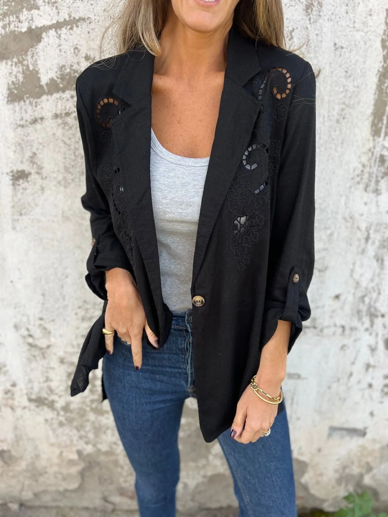 Blazer mit Cut-Out-Stickerei | Ein-Knopf-Verschluss | Lässig-Eleganter Stil