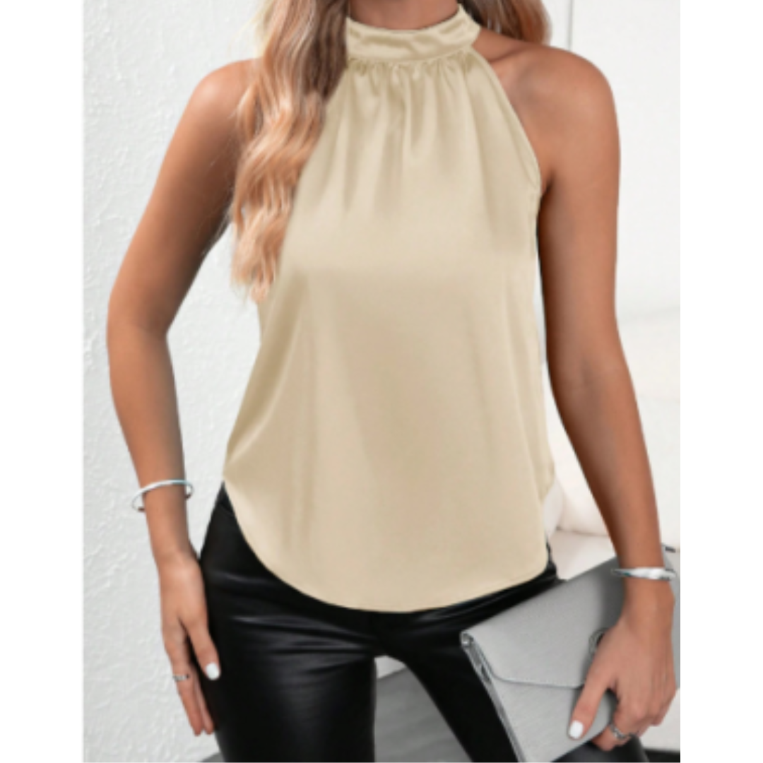 Satin-Top mit Stehkragen | Ärmellos | Eleganter Glanz
