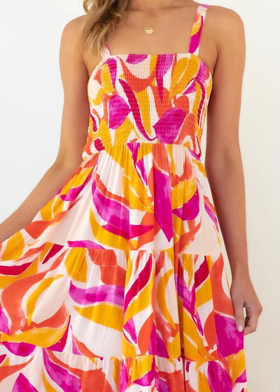 Sommerkleid mit breiten Trägern | Smock-Oberteil | Farbenfrohes Musterdesign