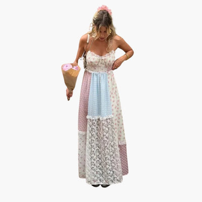 Patchwork Maxikleid - Damen Sommerkleid mit Spaghettiträgern