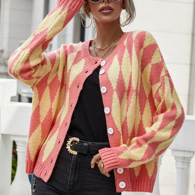 Strickcardigan mit Rautenmuster | Rundhalsausschnitt | Retro-Chic