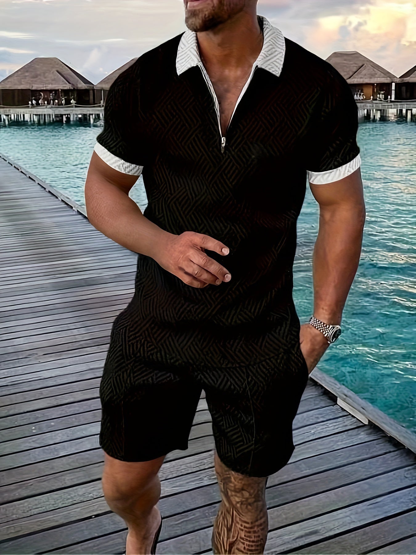 Everard™ – Herren Sommer-Set mit Zip-Polo & Shorts im Geo-Design