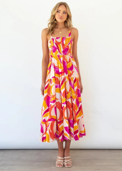 Sommerkleid mit breiten Trägern | Smock-Oberteil | Farbenfrohes Musterdesign