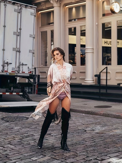 Damen Kimono Kleid mit Blumenmuster und Gürtel