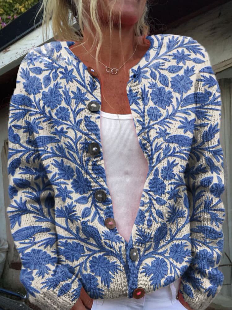 Damen Strickjacke mit Blumenmuster | Rundhalsausschnitt