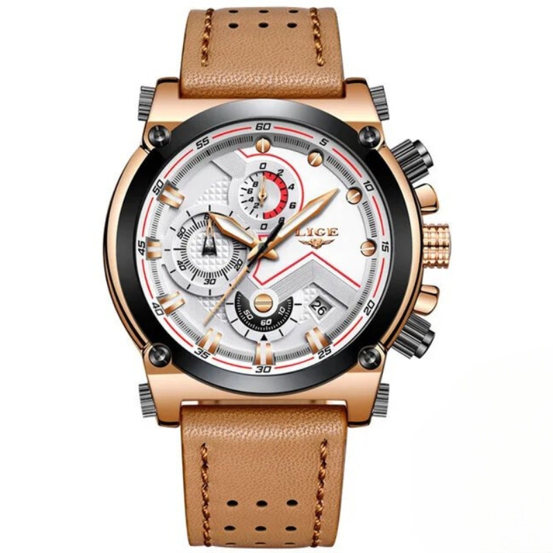 klassische Sportuhr mit braunem Lederarmband