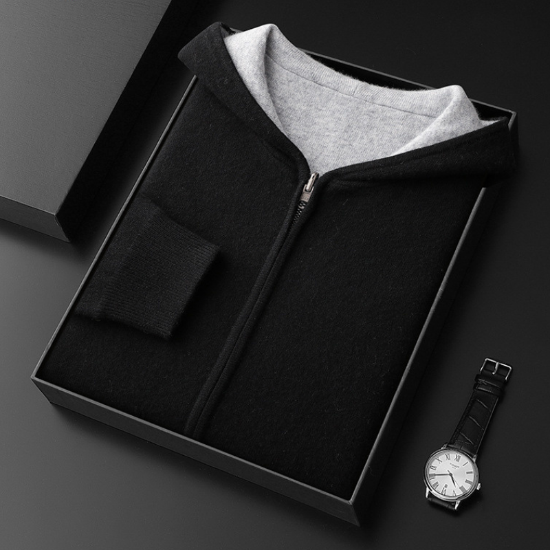 Herren Kaschmir-Wolle Kapuzenpullover mit Reißverschluss - Premium Qualität