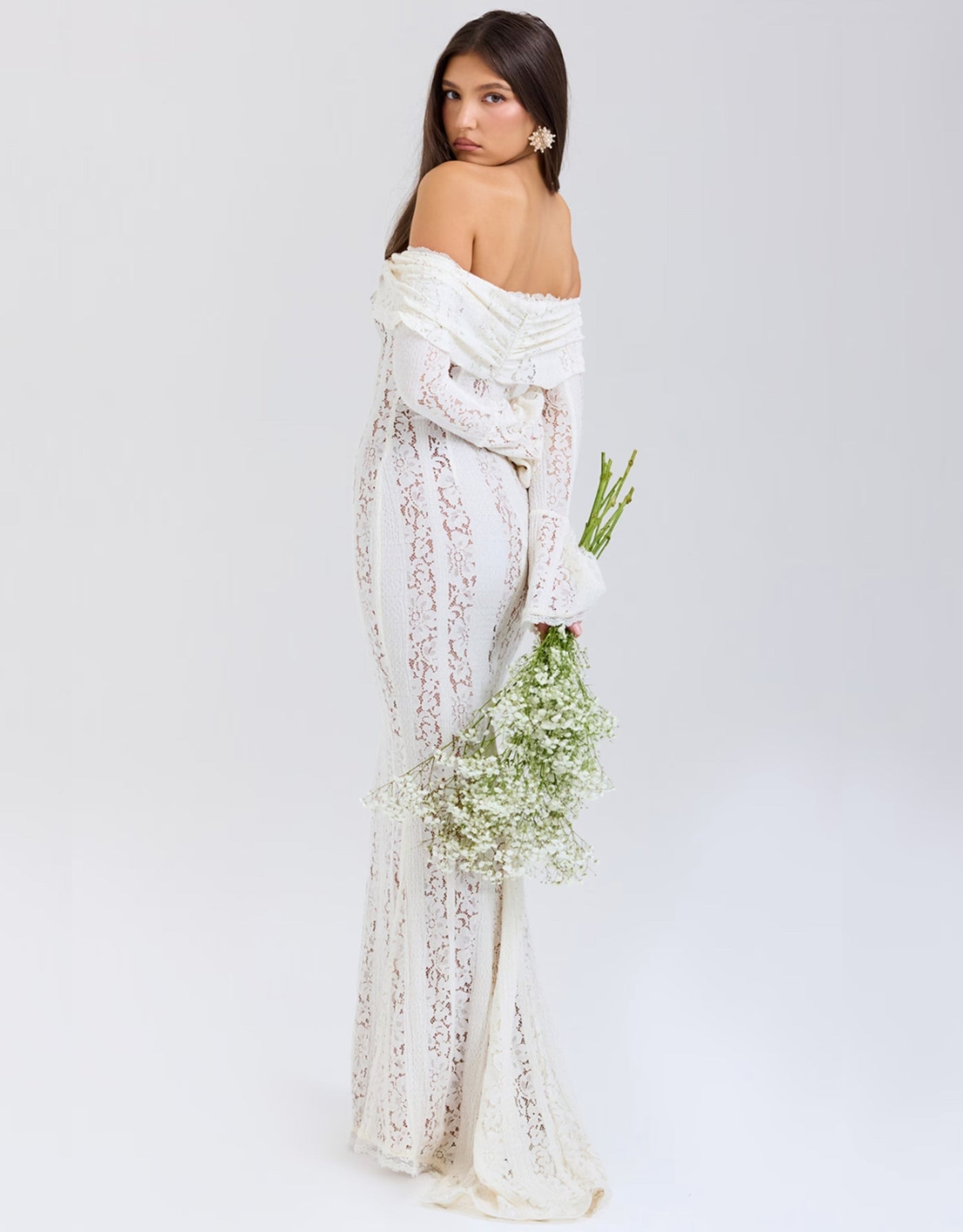 Spitzen-Abendkleid mit Carmen-Ausschnitt und langen Ärmeln für Damen