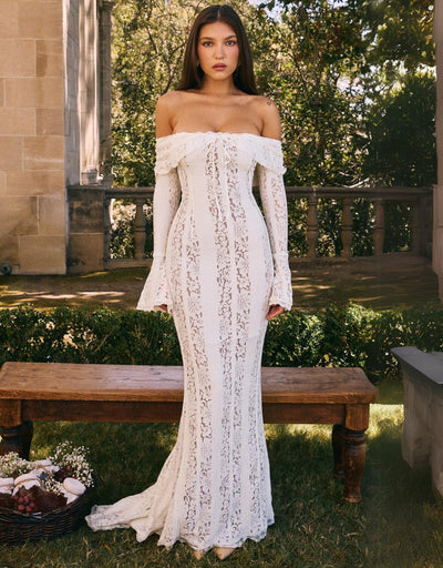 Spitzen-Abendkleid mit Carmen-Ausschnitt und langen Ärmeln für Damen