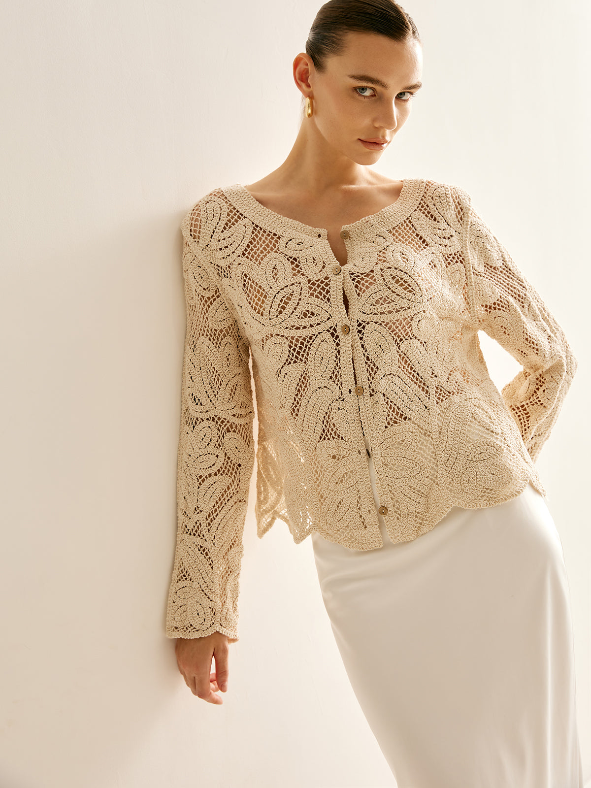 Häkelcardigan mit Blumenmuster | Transparenter Look | Gerade Passform