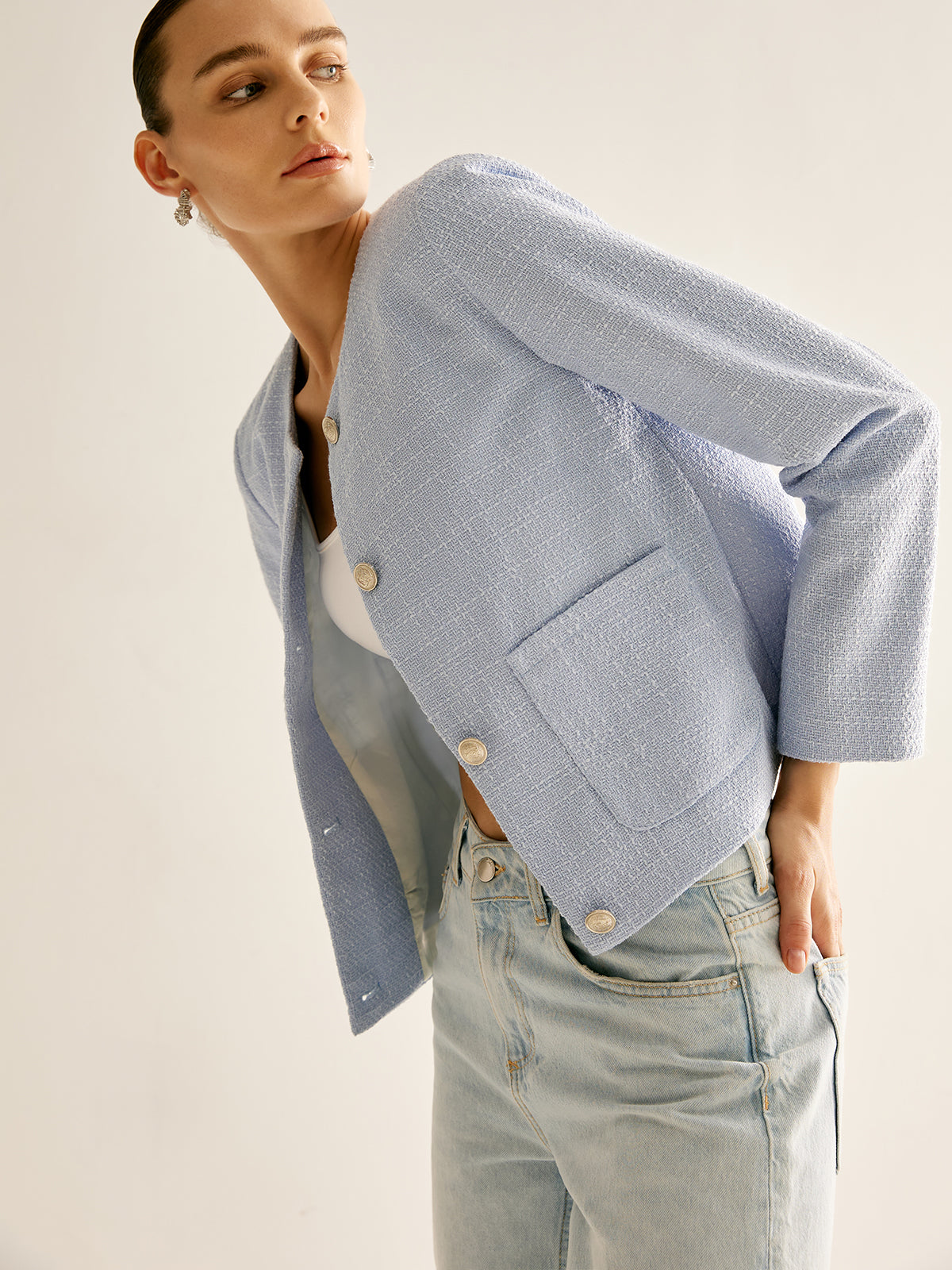 Bouclé-Jacke mit Rundhalsausschnitt | Strukturstoff | Goldknöpfe