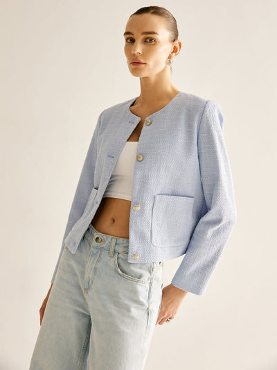 Bouclé-Jacke mit Rundhalsausschnitt | Strukturstoff | Goldknöpfe