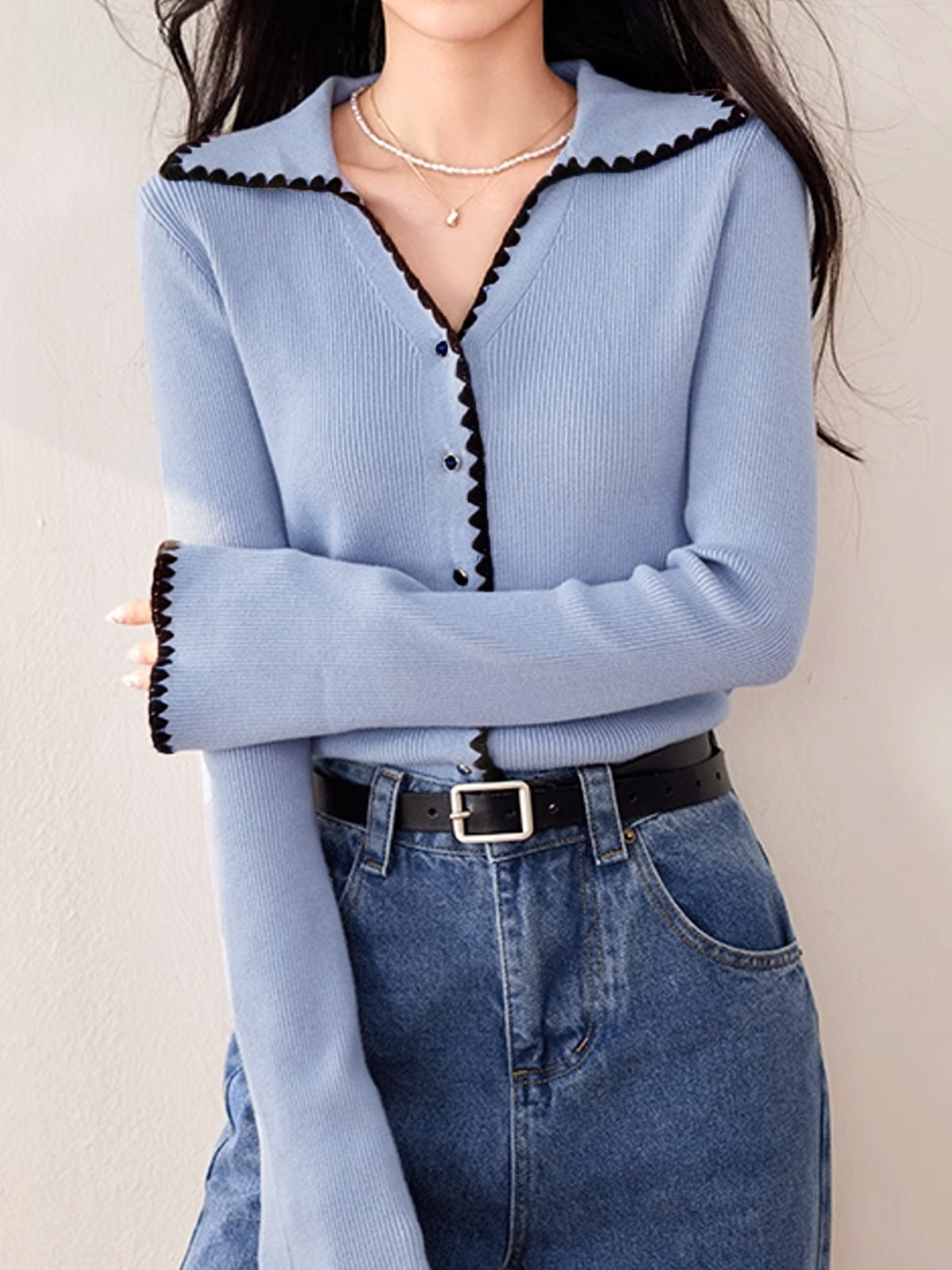 Strickoberteil mit Zickzackkante | Kragen | Schmale Passform