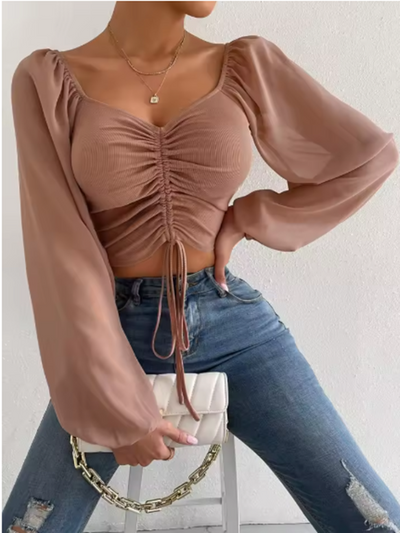 Elegantes Crop-Top | Transparente Ärmel & Raffung | Feminin & Modern