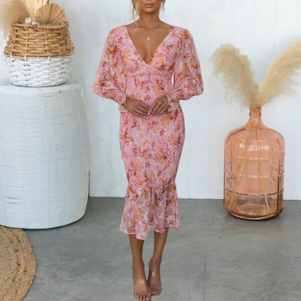 Midi-Kleid Damen romantisch | Blumendruck & Weiblicher Schnitt